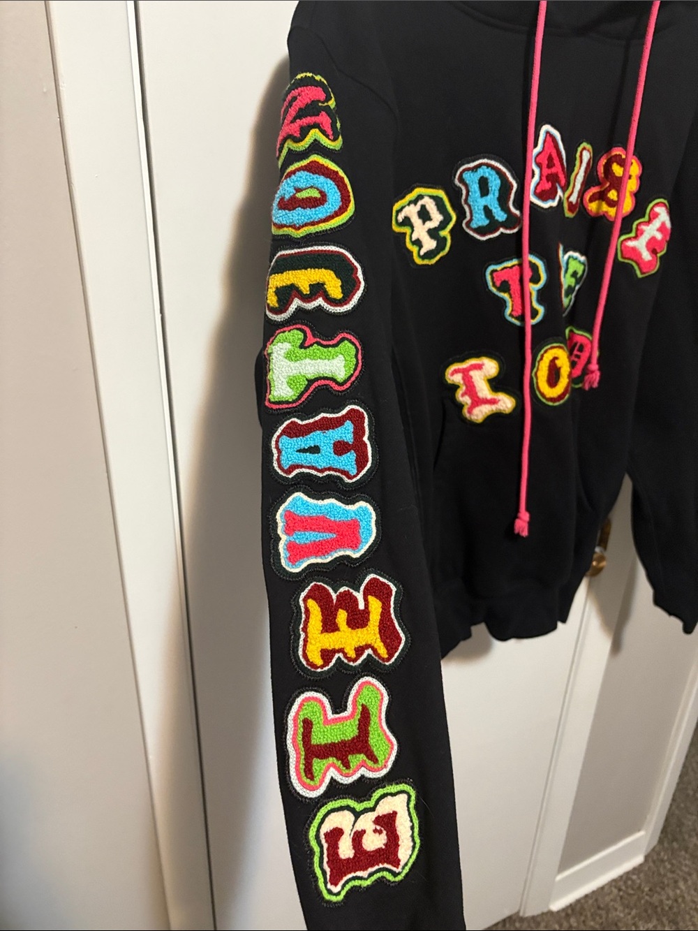 Black worship Hoodie with Colorful Appliqué Letters and Pink Drawstrings - Picture 2 of 5